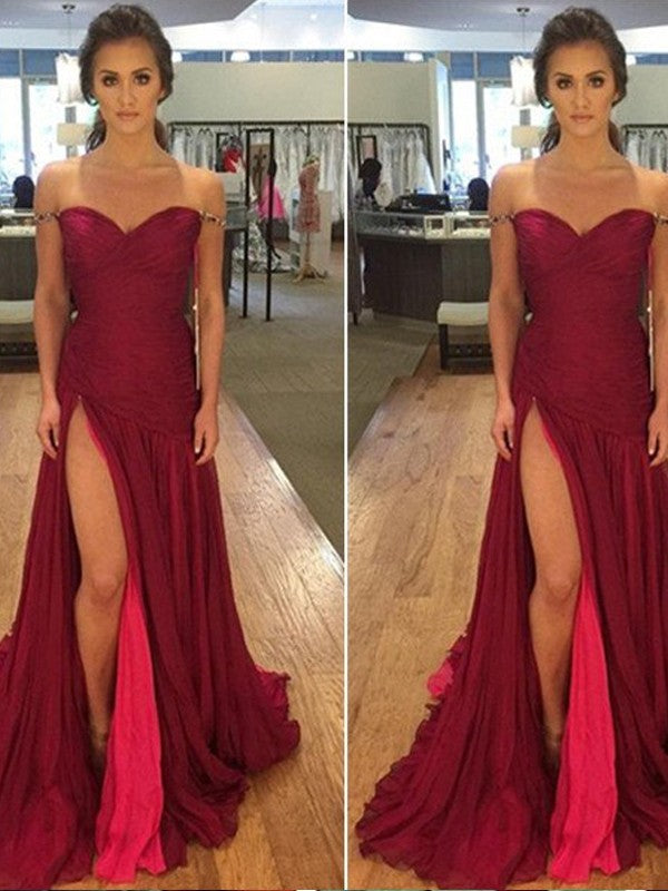 Burgundy Chiffon A-Line Floor-Length Sweetheart Dress with Ruched Bodice & High Slit