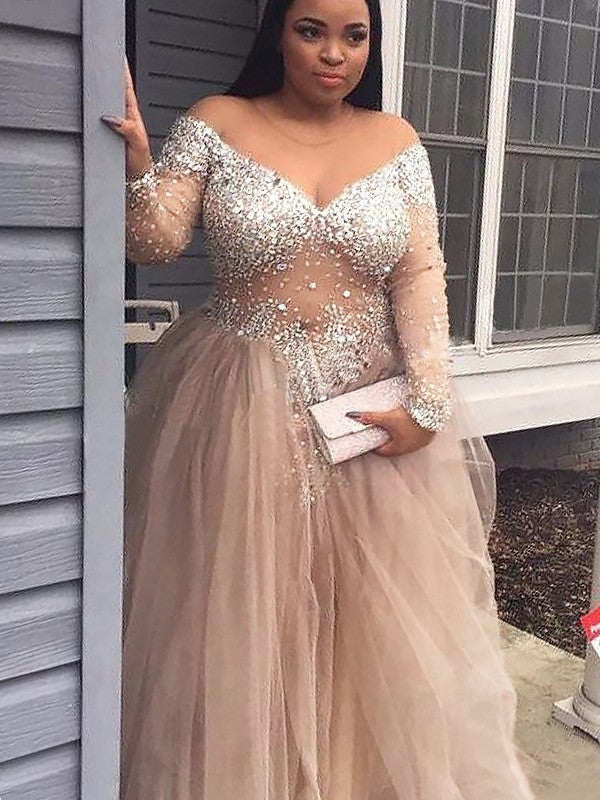 Vestido de fiesta con hombros descubiertos, mangas largas, lentejuelas, tul y largo hasta el suelo