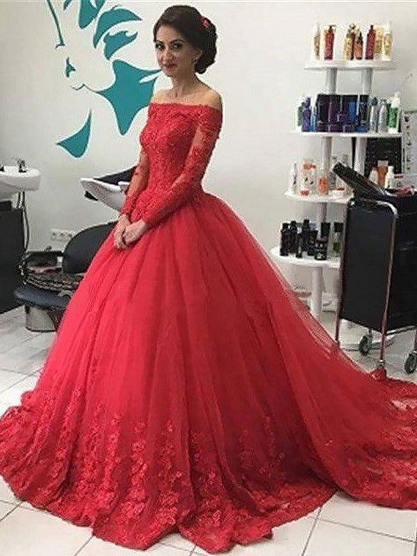 Red Lace Off-the-Shoulder Ball Gown Floor-Length Evening Dress
