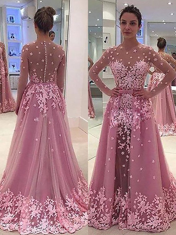 Vestidos de corte A/princesa con escote redondo, mangas largas, apliques de tul y largo hasta el suelo