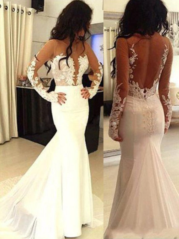 White Crepe Mermaid Floor-Length Evening Dress with Illusion Lace Bodice