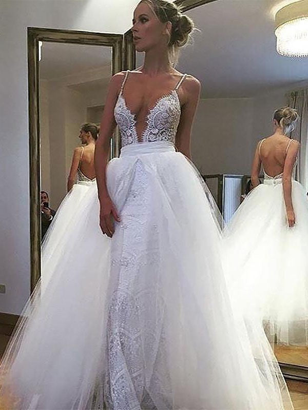 Vestidos de novia de corte A/princesa, de tul, encaje, tirantes finos, sin mangas y hasta el suelo