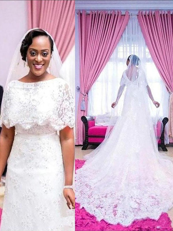 Vestidos de novia de corte A/princesa, mangas cortas, escote redondo, encaje y cola de corte