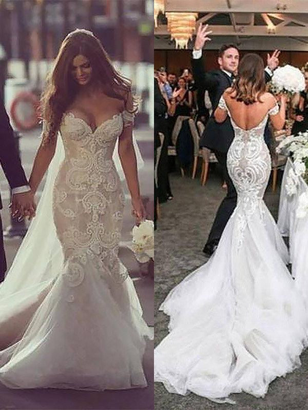 Vestidos de novia de tul sin mangas, con cola de capilla, hombros descubiertos y corte trompeta/sirena