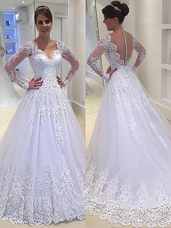 Abiti da sposa in tulle con maniche lunghe, scollo a V, applicazioni e strascico a corte, stile a trapezio/principessa