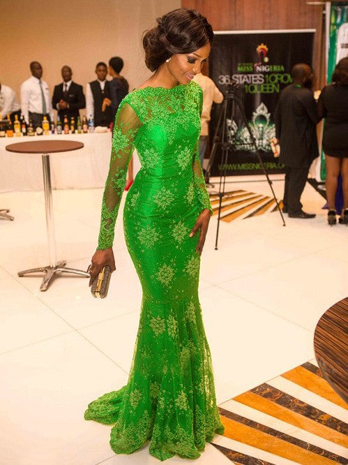 Vestidos de satén con escote alto, mangas largas, apliques y cola larga de sirena/trompeta