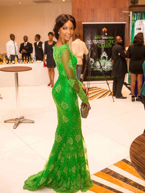 Green Lace Full Lace Overlay Long Sleeve Mermaid Floor-Length Evening Dress