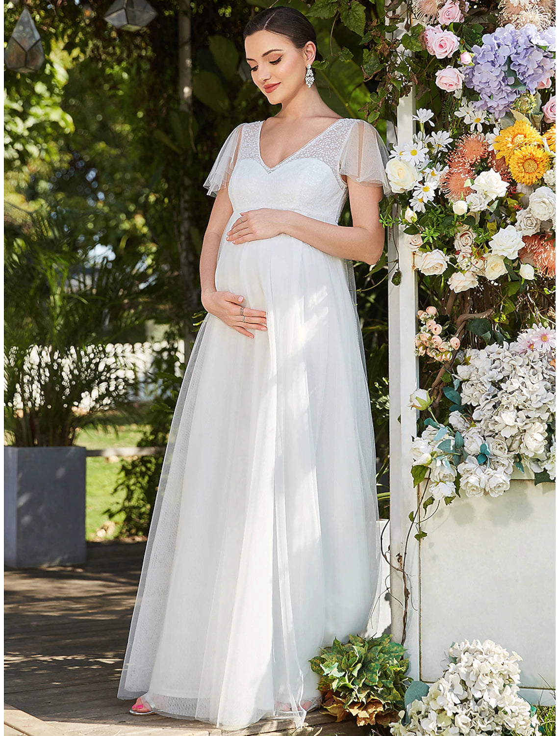 Abito da sera a trapezio, abito premaman, abito da cerimonia, abito da damigella d'onore, abito da sera formale, lungo fino al pavimento, manica corta, scollo a V, schiena a V in tulle con strati di colore puro