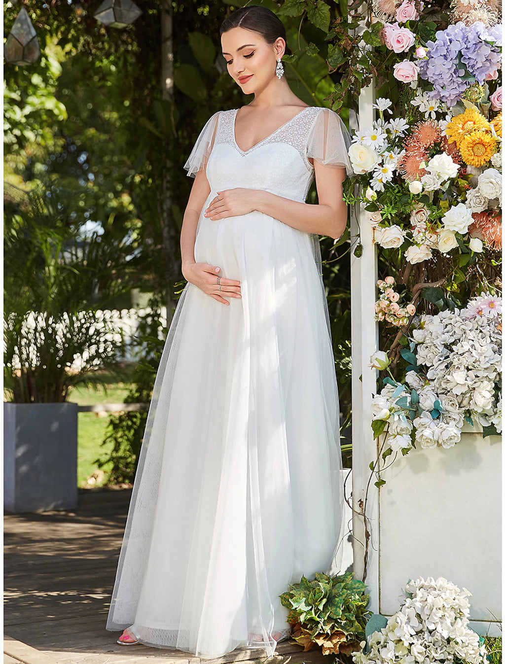 White Chiffon Empire V-Neck Floor-Length Dress with Lace Bodice and Flutter Sleeves