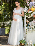 White Chiffon Empire V-Neck Floor-Length Dress with Lace Bodice and Flutter Sleeves