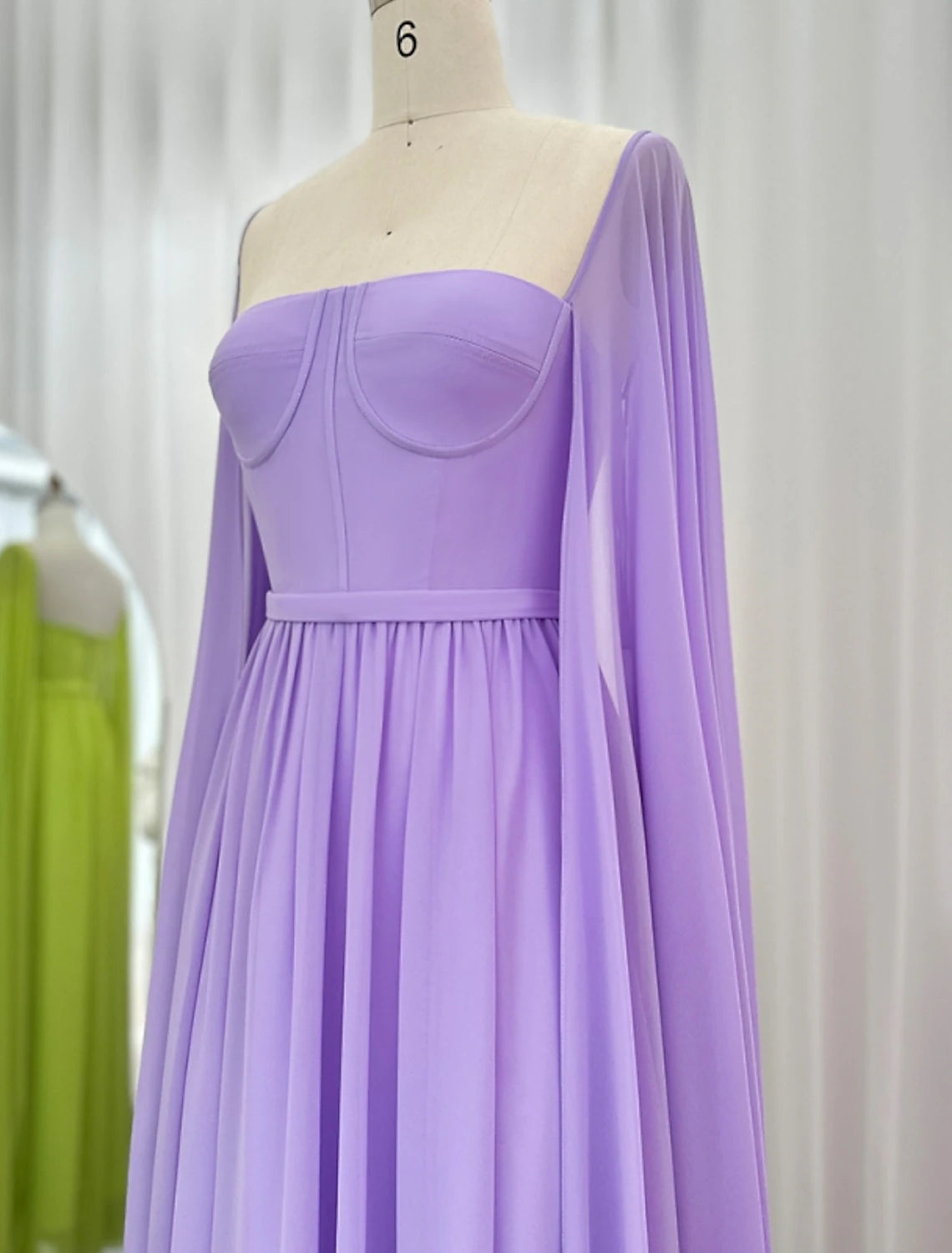 Emerald Chiffon A-Line Bridesmaid Floor-Length Dress with Square Neck & Cape Sleeves