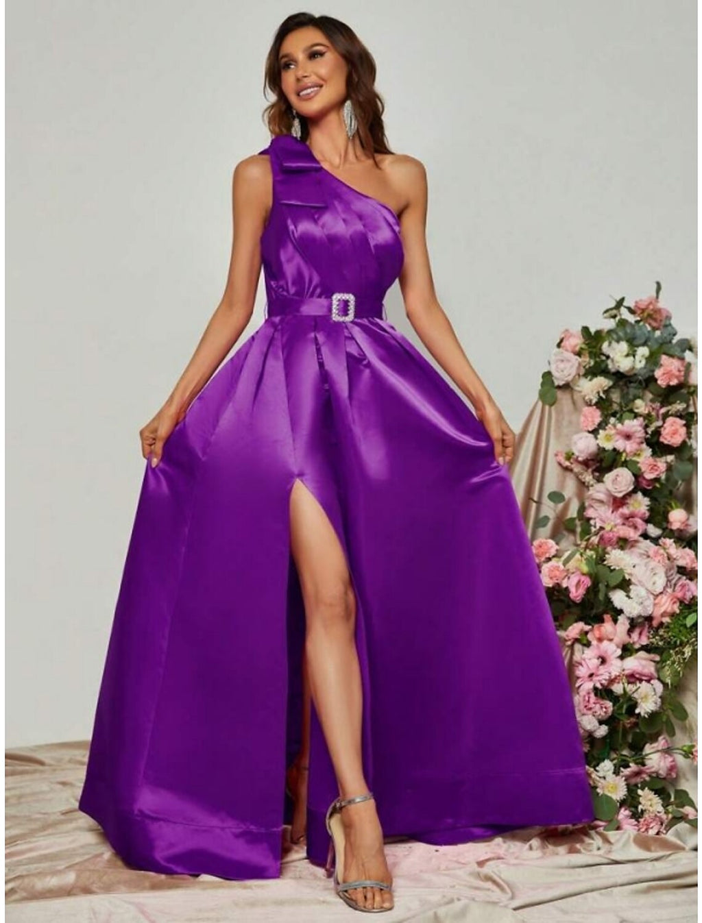 Black Satin One Shoulder A-Line Floor-Length Evening Dress
