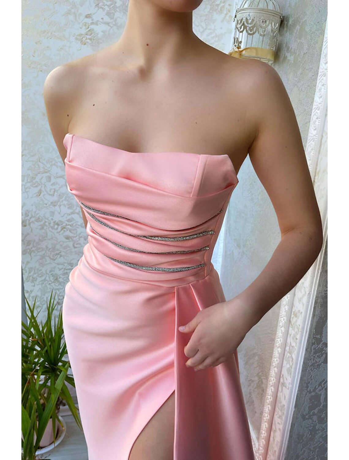 Vestido de noche de sirena/trompeta, sexy, para boda, recepción de boda, cola de corte, sin mangas, sin tirantes, charmeuse con abertura fruncida