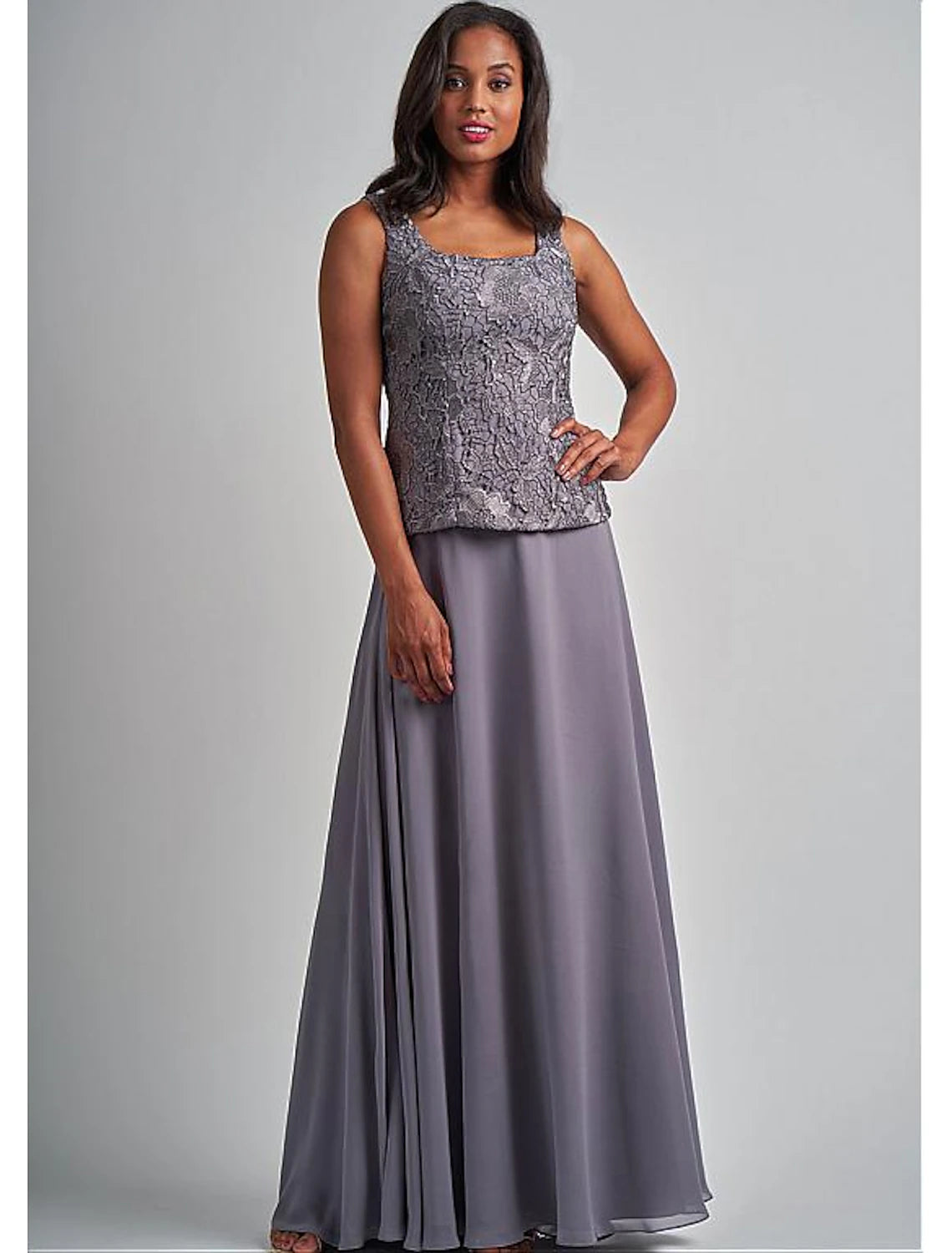 Vestido elegante de dos piezas de corte A para madre de la novia, escote cuadrado, largo hasta el suelo, de gasa con encaje, mangas 3/4, cruzado incluido con apliques