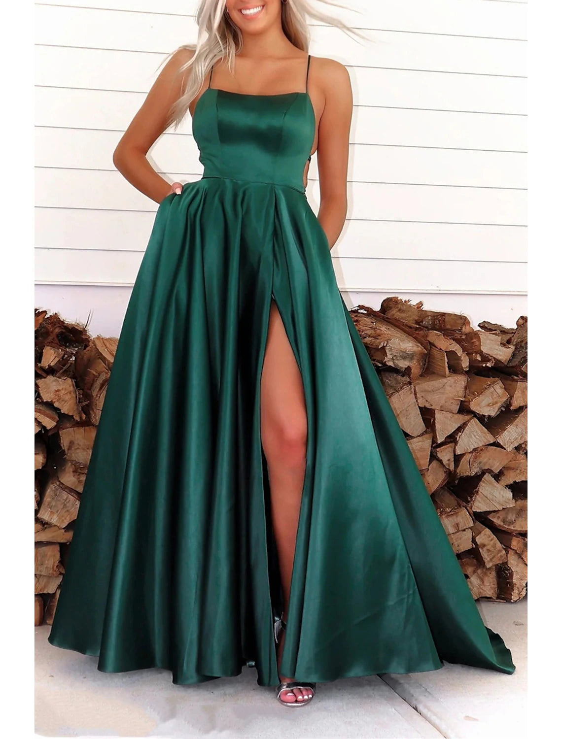 Abiti da ballo a trapezio con schiena scoperta, abiti da cerimonia, da sposa, formali, con strascico a ruota, senza maniche, spalline sottili, in raso, con schiena scoperta e pieghe