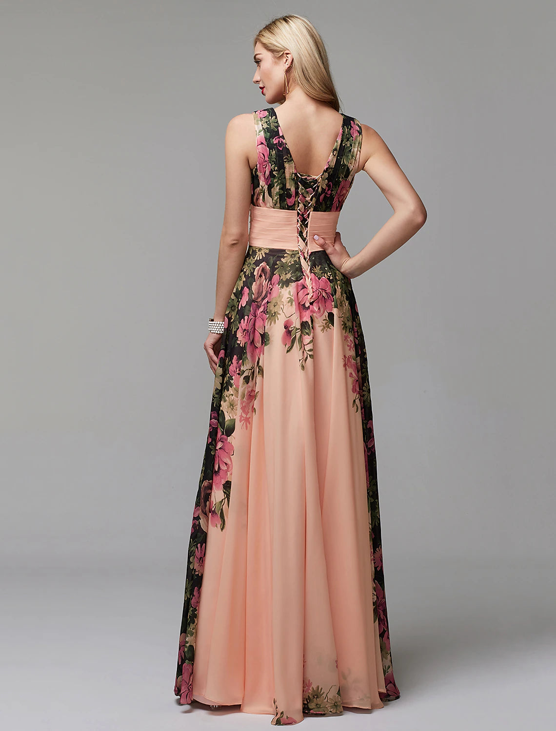 Blushing Pink Floral Chiffon A-Line V-Neck Floor-Length Bridesmaid Dress | Wedding Guest, Prom & Formal Gown