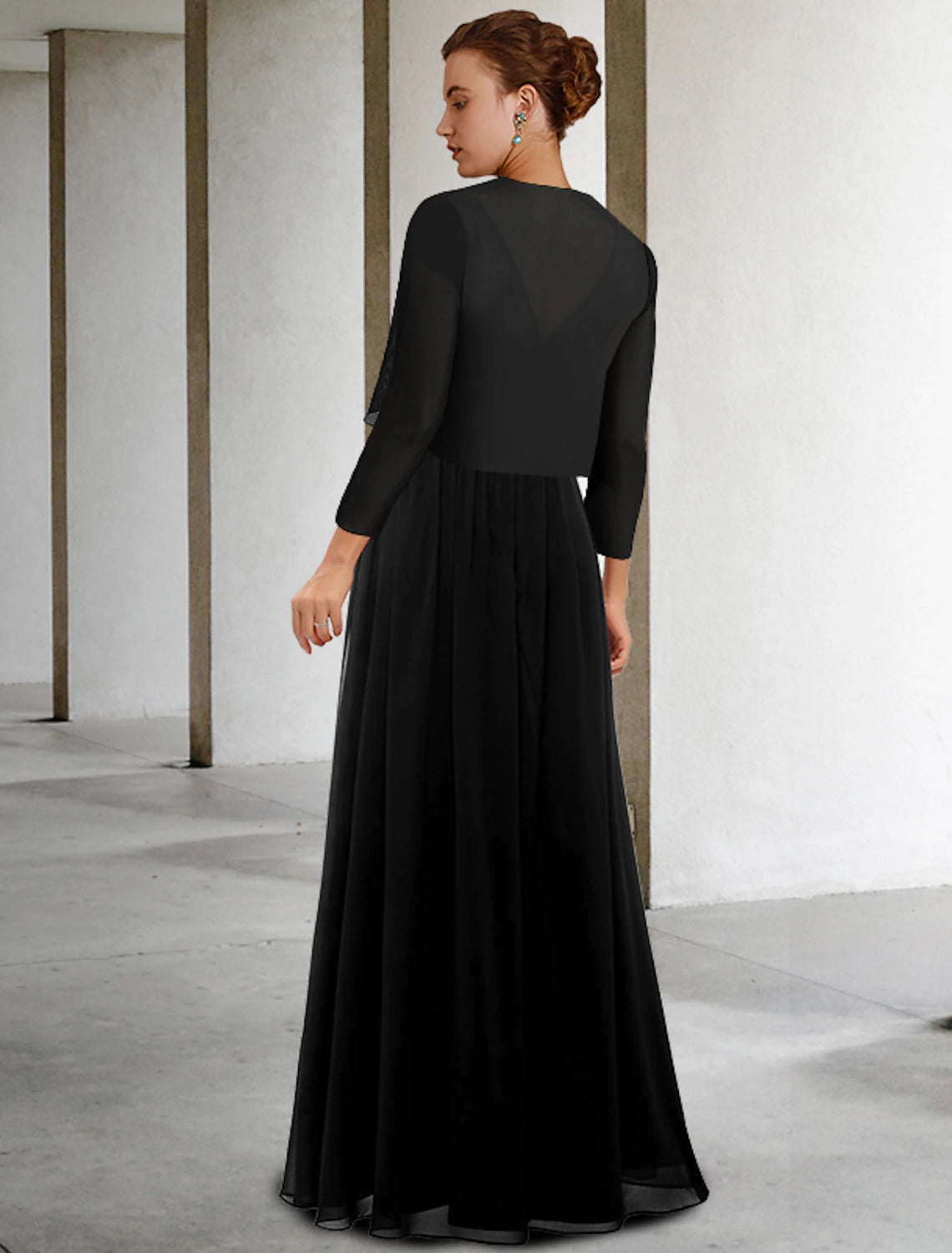 Vestido de madre de la novia de dos piezas, corte en A, talla grande, elegante, escote en V, largo hasta el suelo, de gasa, encaje, sin mangas, cruzado, incluido con faja/cinta, pliegues y apliques