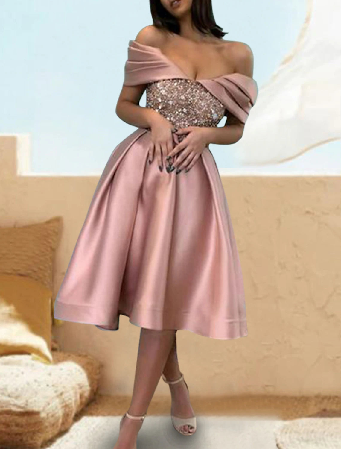 A-Line Cocktail Dresses Sparkle & Shine Dress Party Wear Wedding Party Knee Length Short Sleeve Off Shoulder Satin with Sequin Pure Color