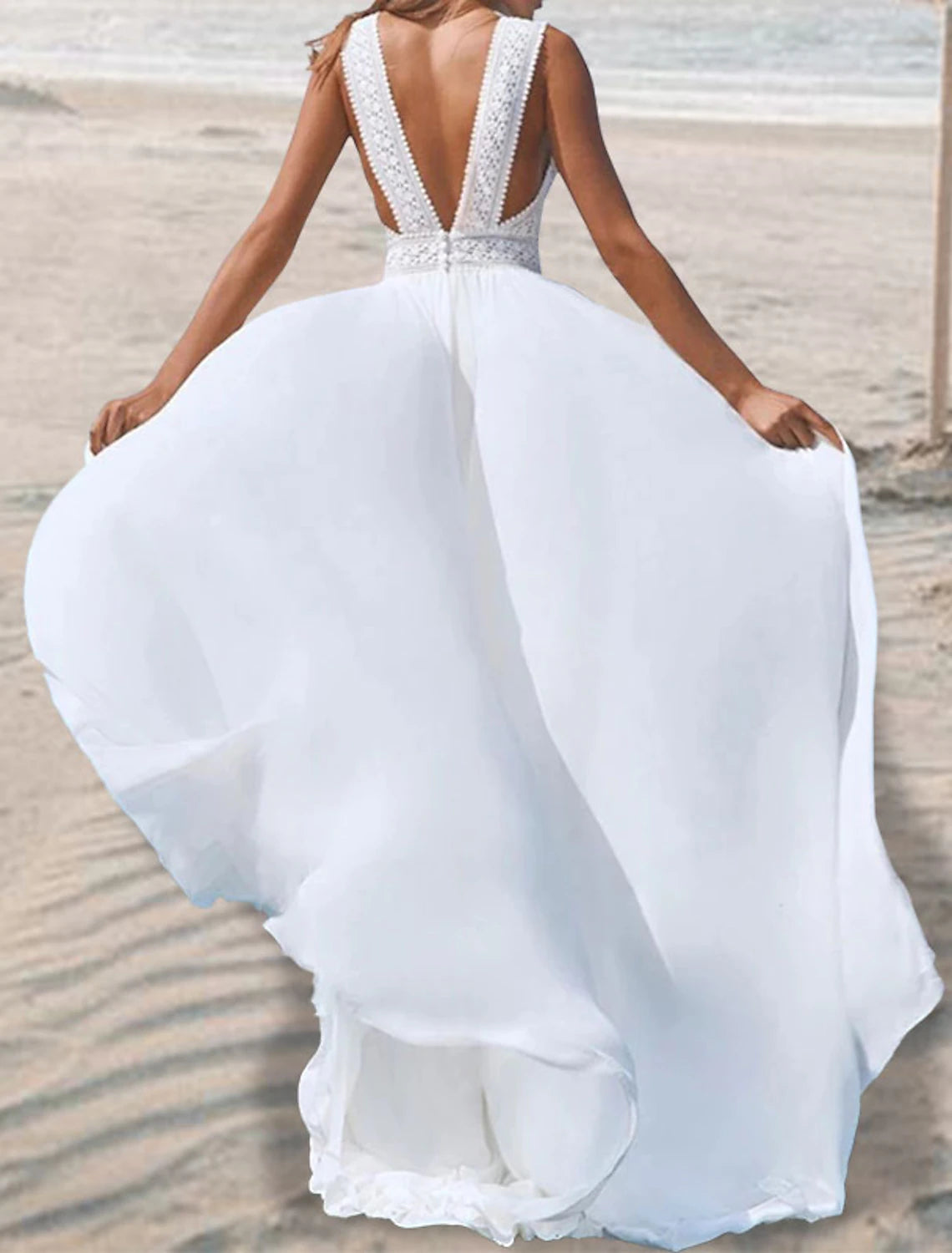 Vestidos de novia bohemios con espalda abierta para playa, corte A, escote en V, sin mangas, largo hasta el suelo, de gasa