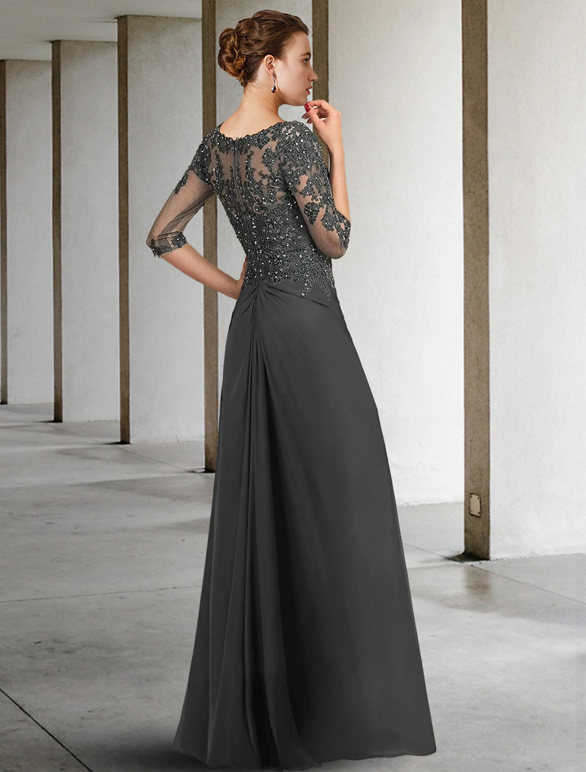 Embellished Grey Chiffon A-Line Floor-Length Evening Dress