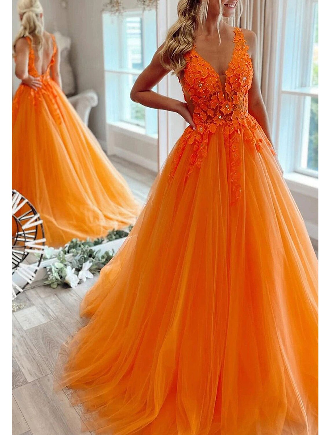 Pink Tulle A-Line Floor-Length Evening Dress with Plunging V-Neck & Embellished Lace Appliques