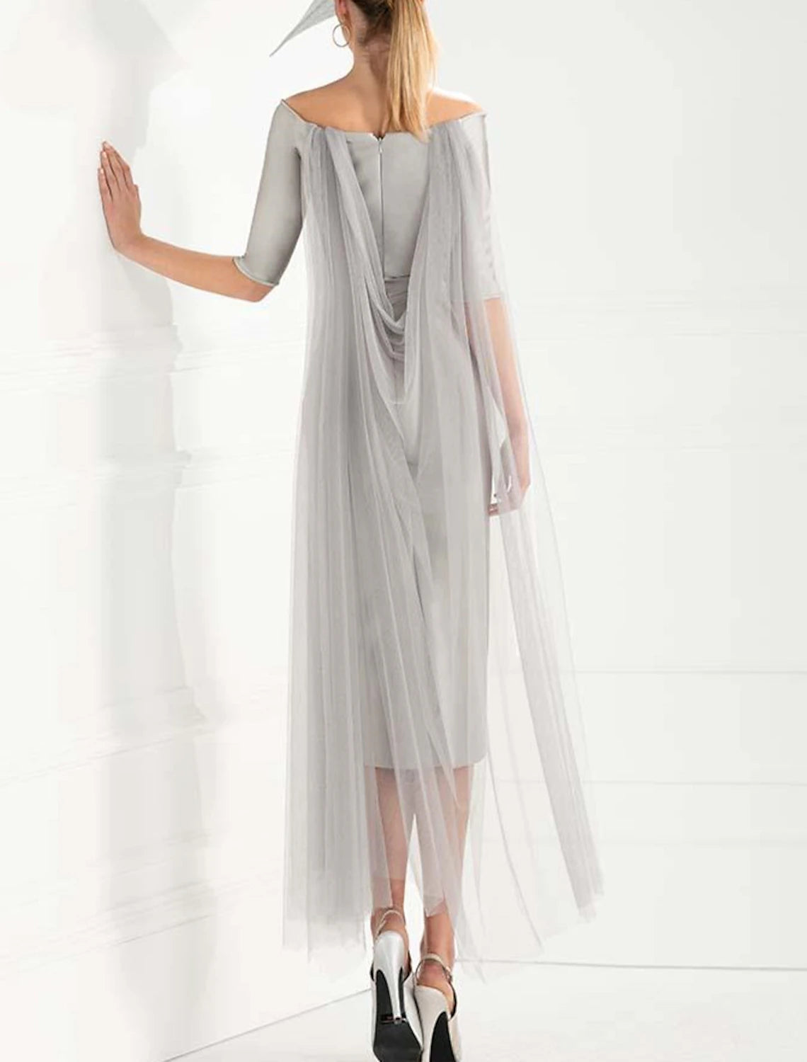 Vestidos de cóctel con corte tubo/columna, elegantes, para fiestas, bodas, hasta la rodilla, media manga, hombros descubiertos, capas de tafetán con apliques