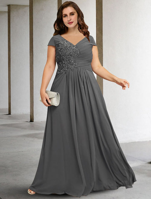 grey chiffon wedding dress A-Line V-Neck Floor-Length Mother of the Bride with Beaded Appliqué – JiMiss Dresses charcoal gray mother of the bride dresses