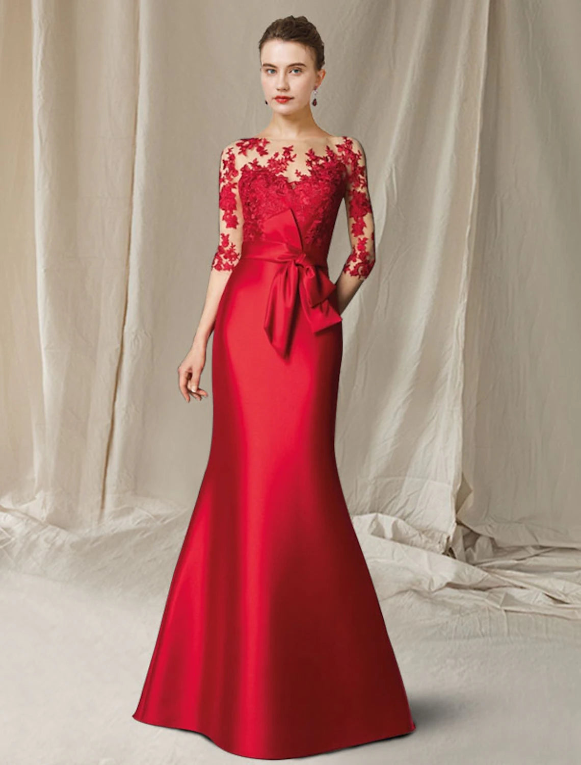 Red Mermaid Evening Dress with Lace Illusion Bodice