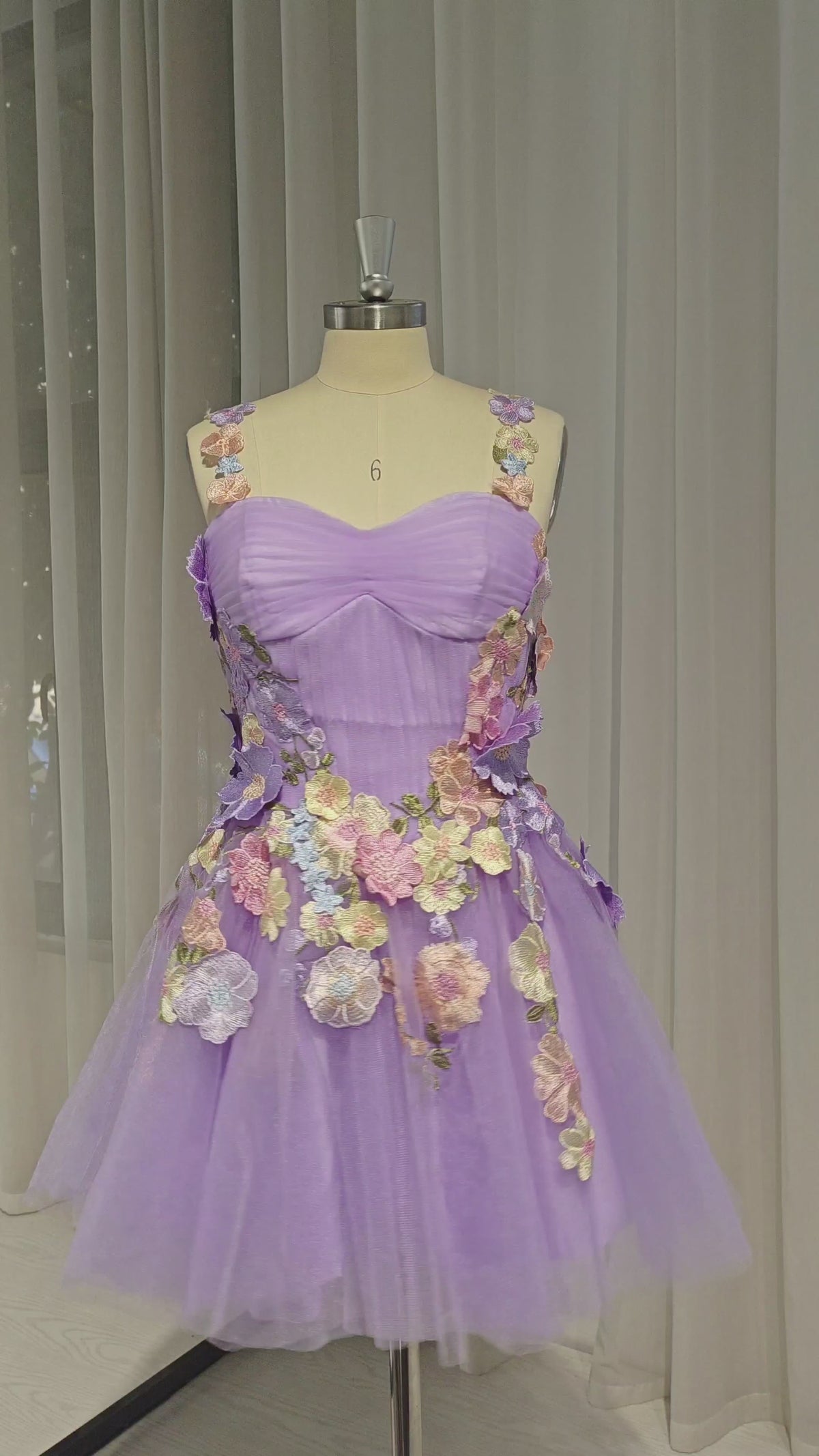 Lavender Tulle A-Line Short Sweetheart Dress with Pleated Bodice & Floral Appliques