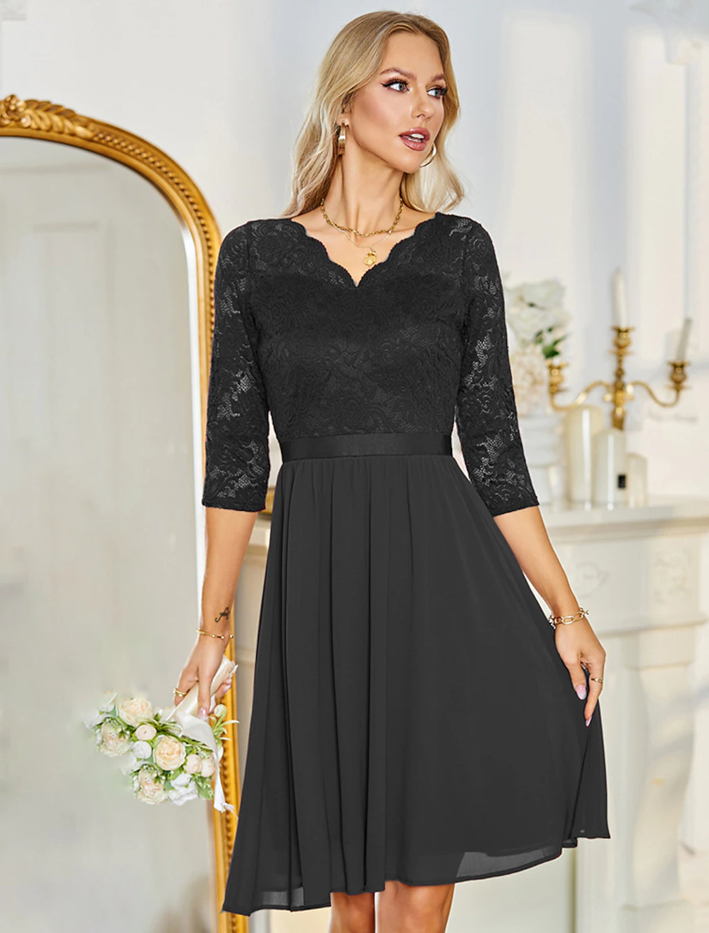 Dark Navy Lace Chiffon Midi A-Line Bridesmaid Dress with V-Neckline & Scalloped Bodice