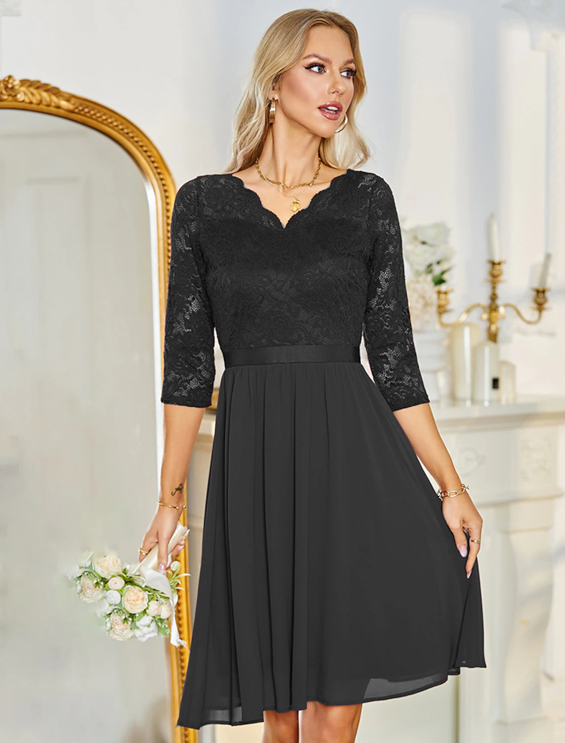 Dark Navy Lace Chiffon Midi A-Line Bridesmaid Dress with V-Neckline & Scalloped Bodice