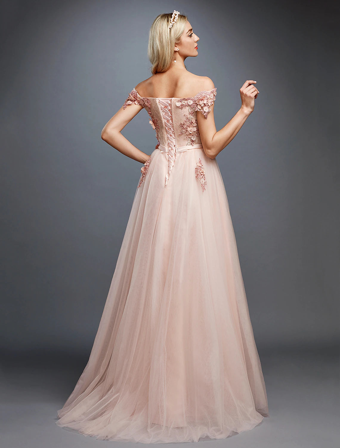 Vestido floral de corte A para invitada de boda, baile de graduación, cola larga/cortada, sin mangas, hombros descubiertos, tul sobre encaje con apliques