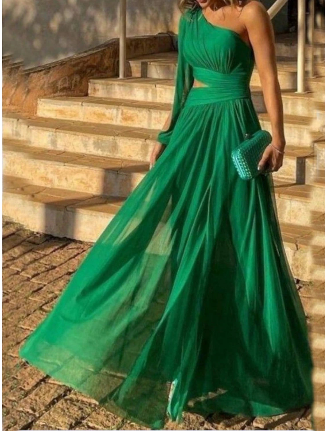 Vestito elegante rosso verde natalizio a tubino, abito da compleanno, lunghezza pavimento, senza maniche, monospalla in chiffon con fiocco(i) glitterato e pieghe