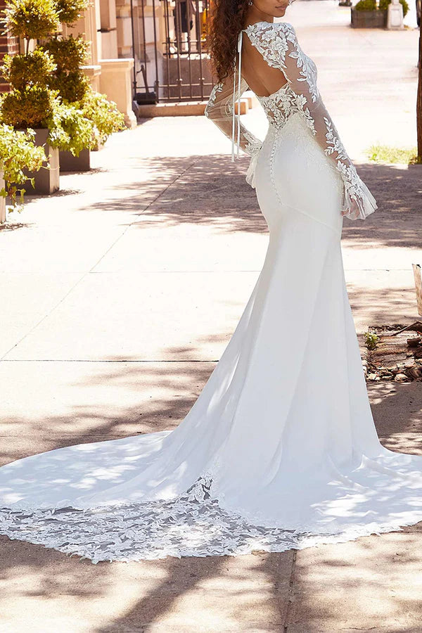 Vestido de novia de cola de pez, escote cuadrado, manga larga, estilo bohemio.