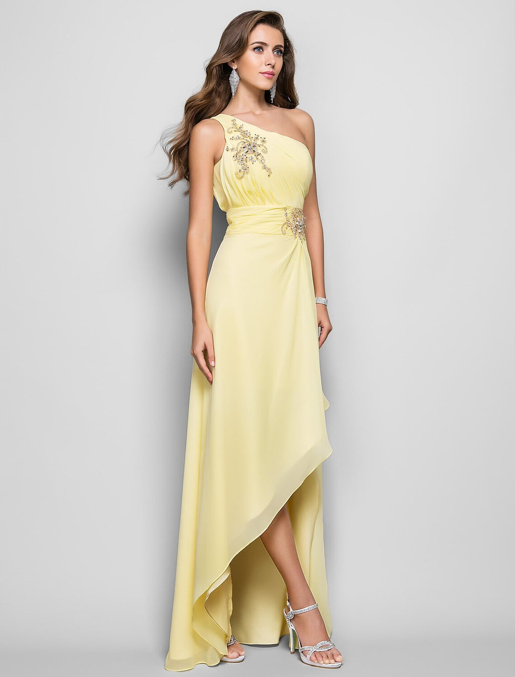 Vestido elegante de corte tubo/columna para invitada de boda, cóctel, asimétrico, sin mangas, un hombro, dama de honor, de gasa con apliques de abertura y cuentas.