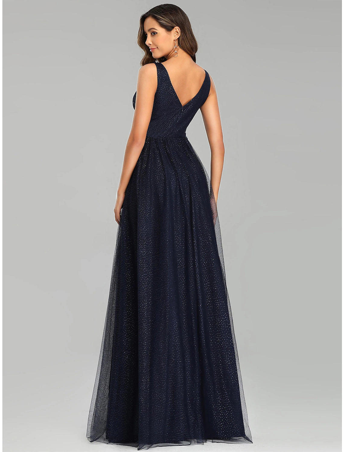 Abiti da ballo a trapezio, stile impero, per invitati a nozze, lunghezza al pavimento, senza maniche, scollo a V, in tulle con applicazioni di paillettes