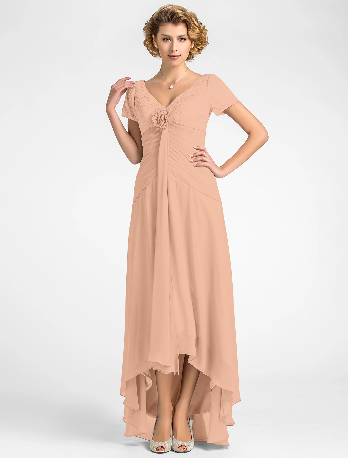 Abito da madre della sposa a trapezio con scollo a V asimmetrico, in chiffon, a maniche corte, con pieghe e fiori