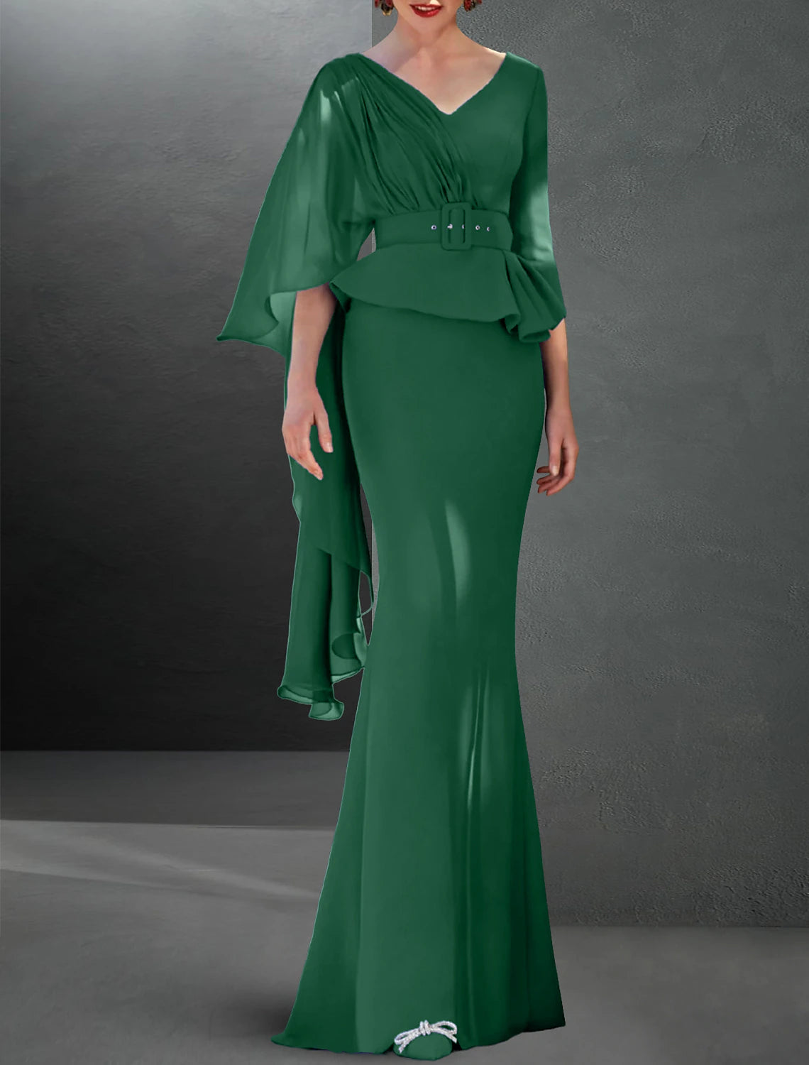 Mermaid / Trumpet Evening Gown Elegant Dress Formal Fall Sweep / Brush Train 3/4 Length Sleeve V Neck Belt / Sash  Chiffon with Buttons 2025