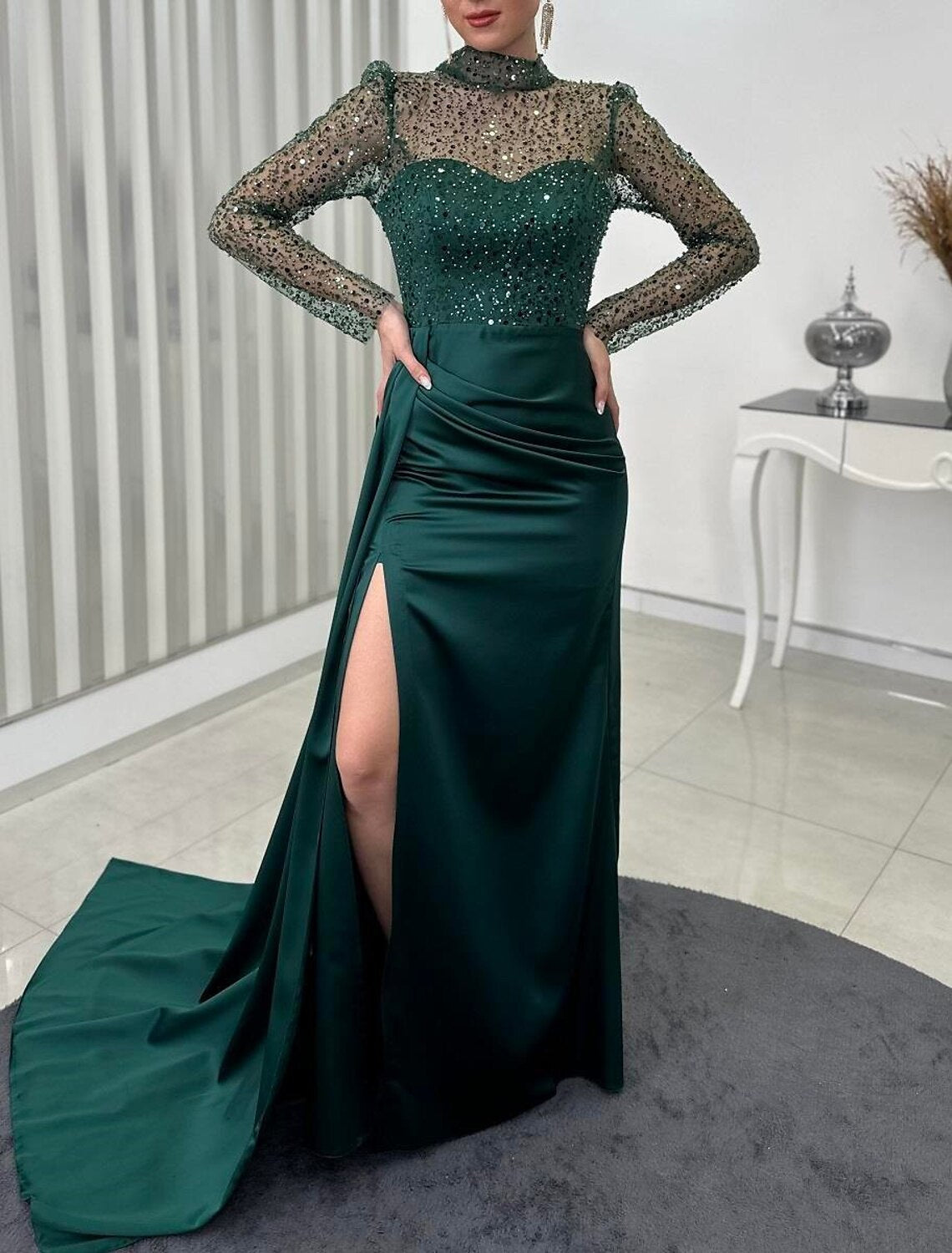 Mermaid / Trumpet Evening Gown Elegant Dress Wedding Guest Fall Court Train Long Sleeve High Neck Satin with Ruched Pearls Slit