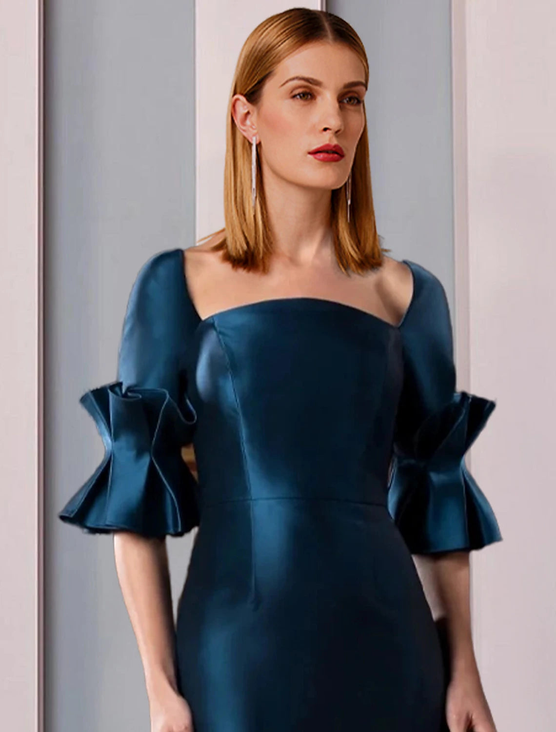 Teal Satin Mermaid Floor-Length Evening Dress with Ruffled Elbow Sleeves and Square Neck