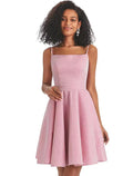 Pink Glitter Fabric A-Line Short Dress with Square Neck and Spaghetti Straps