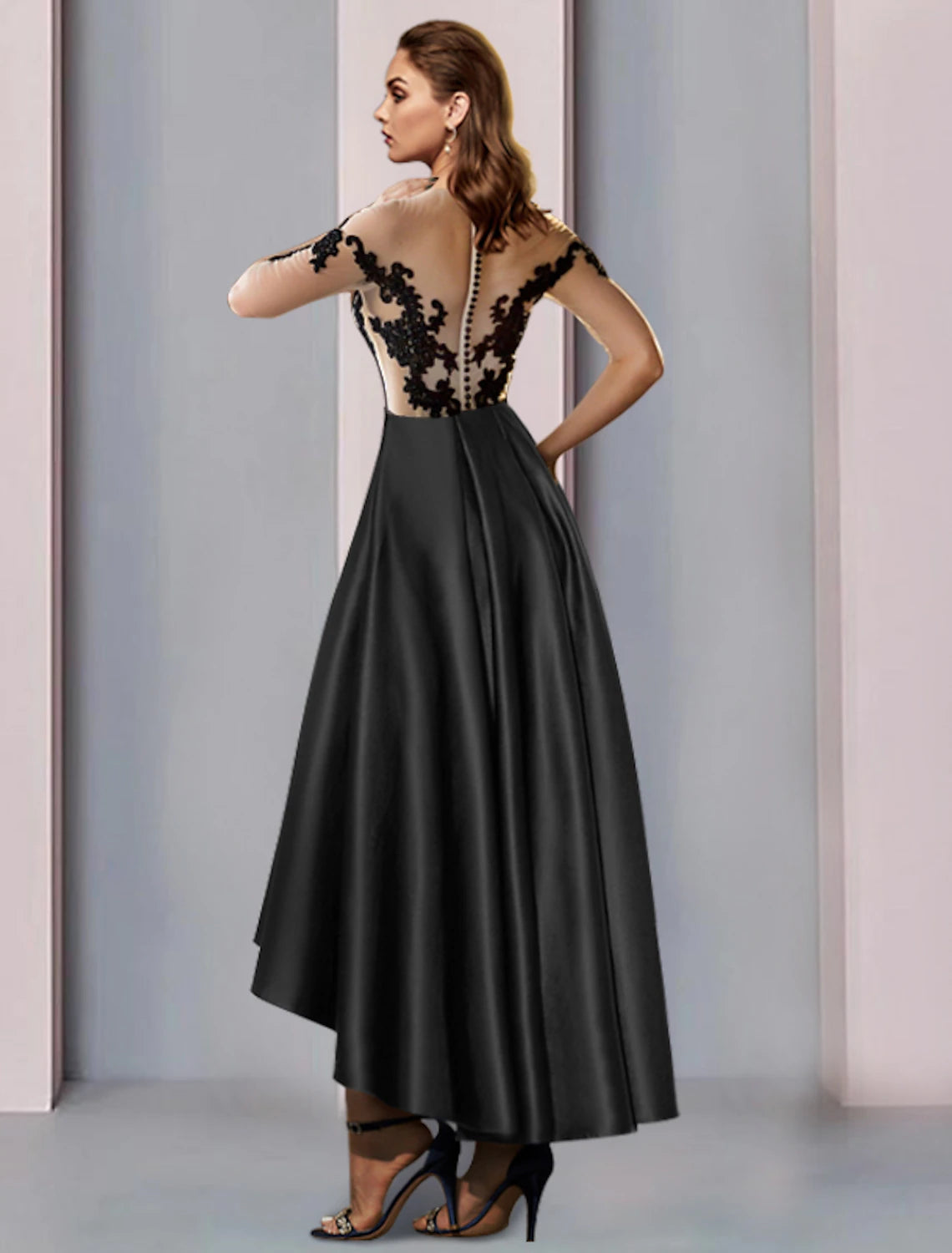 Abito da cerimonia per la madre della sposa, a trapezio, elegante, vintage, con scollo a V, asimmetrico, in raso e pizzo, a mezza manica con pieghe