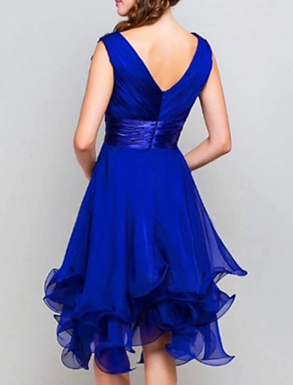 Royal Blue Chiffon A-Line Short V-Neck Dress with Ruched Bodice and Tiered Ruffles