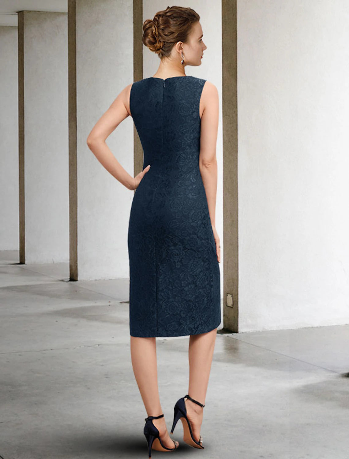 Vestido de dos piezas tipo tubo/columna para madre de la novia, para invitada de boda, talla grande, elegante, cuello joya, largo hasta la rodilla, de gasa, con encaje, sin mangas y apliques de cuentas, para otoño