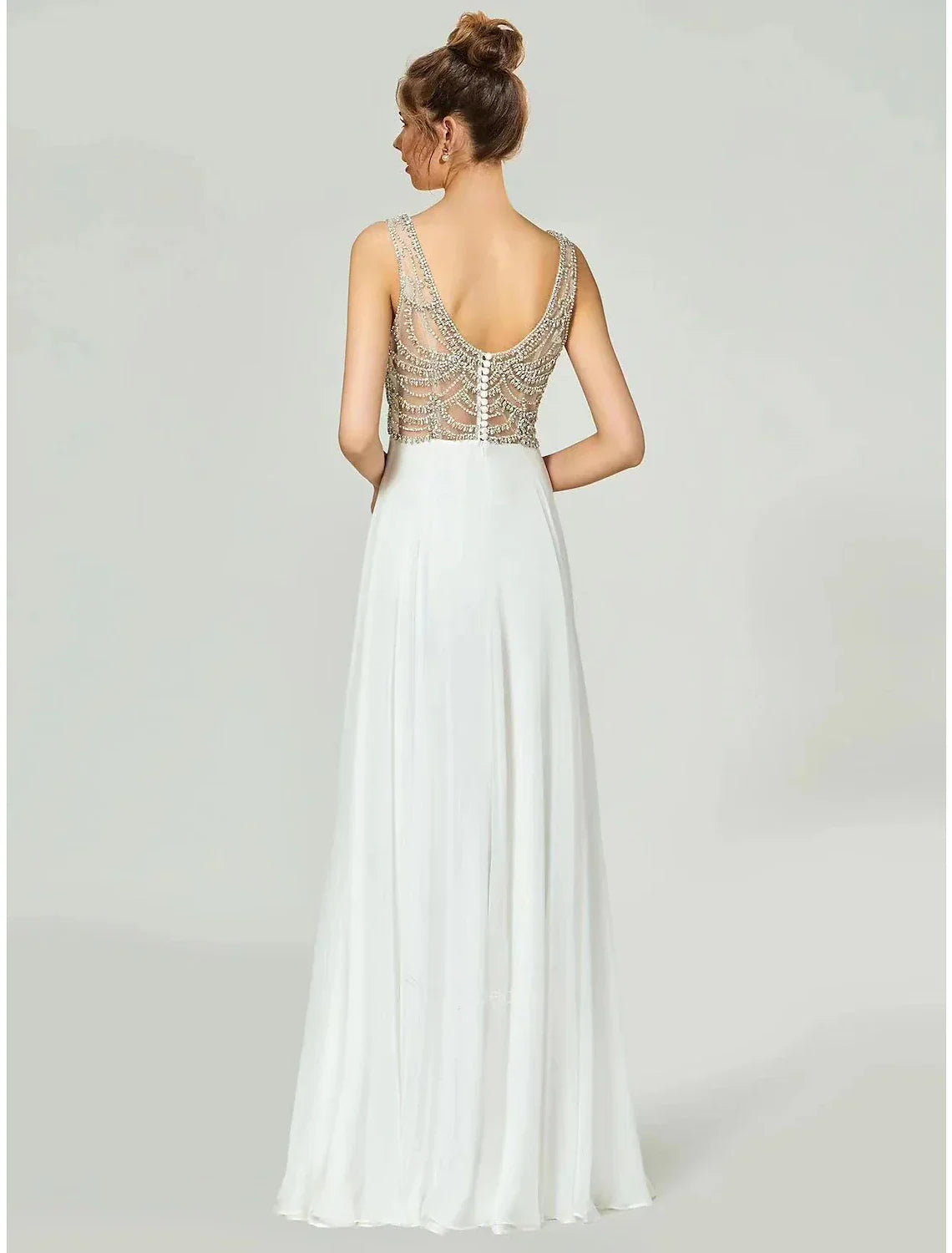 White Chiffon A-Line Floor-Length V-Neck Bridesmaid Dress with Beaded Bodice