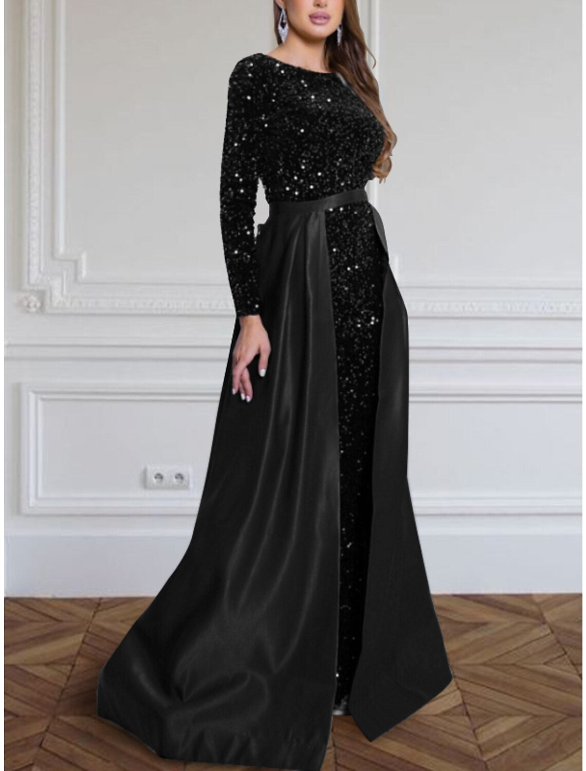 A-Line Evening Gown Sparkle & Shine Black Dress Plus Size Formal Fall Sweep / Brush Train Long Sleeve Jewel Neck Sequined with Glitter Pleats 2025