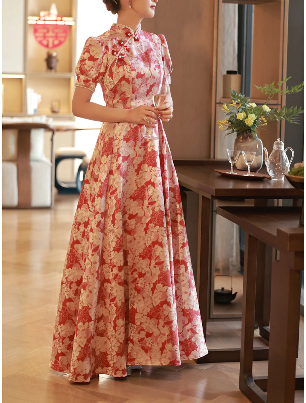 Red Satin A-Line Floor-Length Evening Dress with Mandarin Collar & Puff Sleeves