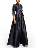 Vestido de noche elegante de corte A para invitada de boda, largo hasta el suelo, manga 3/4, cuello camisero, bolsillo de tafetán con tiras en el bolsillo.