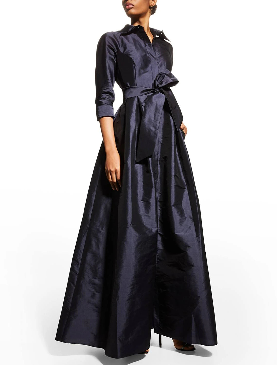 Vestido de noche elegante de corte A para invitada de boda, largo hasta el suelo, manga 3/4, cuello camisero, bolsillo de tafetán con tiras en el bolsillo.