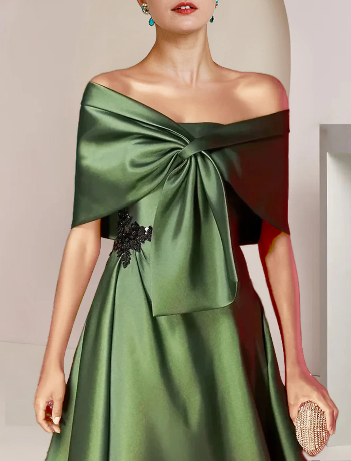 Olive Green Satin Off-the-Shoulder Tea-Length Dress